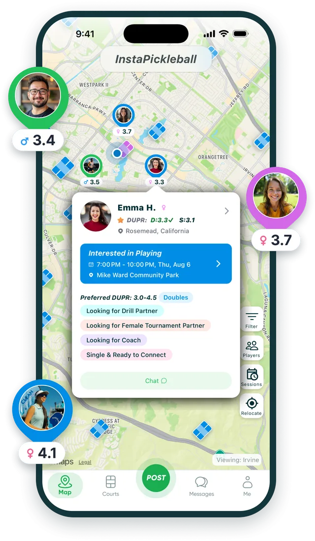 InstaPickleball map screen in a phone frame, with nearby players' rating markers floating around it