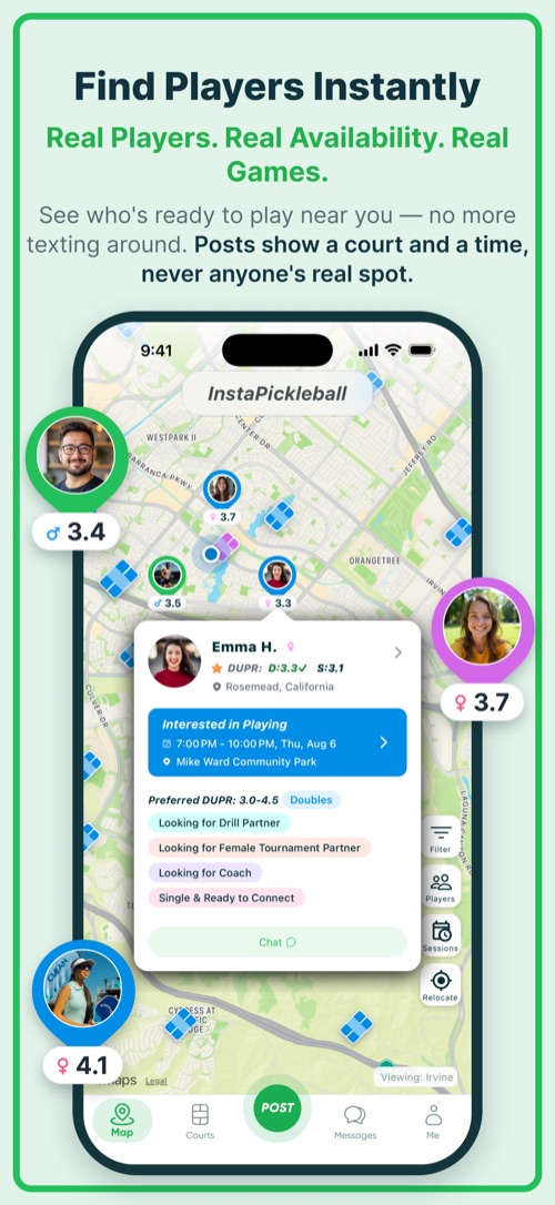 Find Players Instantly — map of nearby players with DUPR ratings and availability