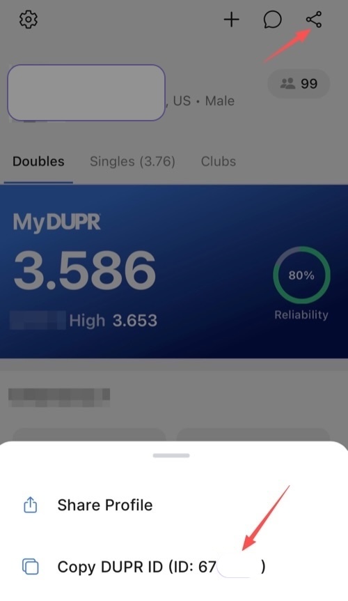 The DUPR app with arrows pointing at the share button on the profile and the Copy DUPR ID option in the share menu