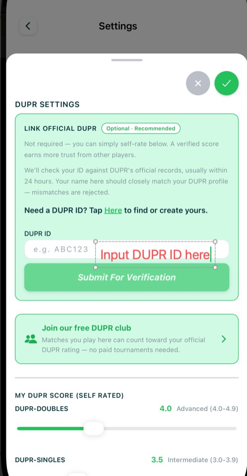 Linking your DUPR ID under Settings, DUPR Settings